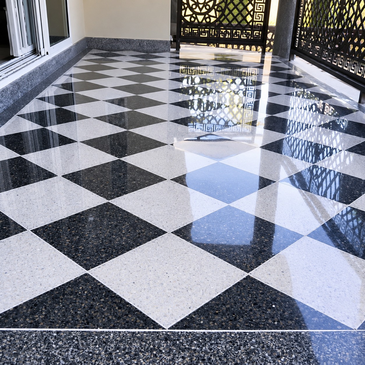 Polished checkerboard terrazzo veranda