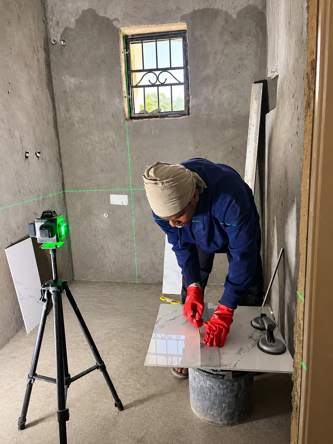 Installer marking a tile with a green laser level on a tripod